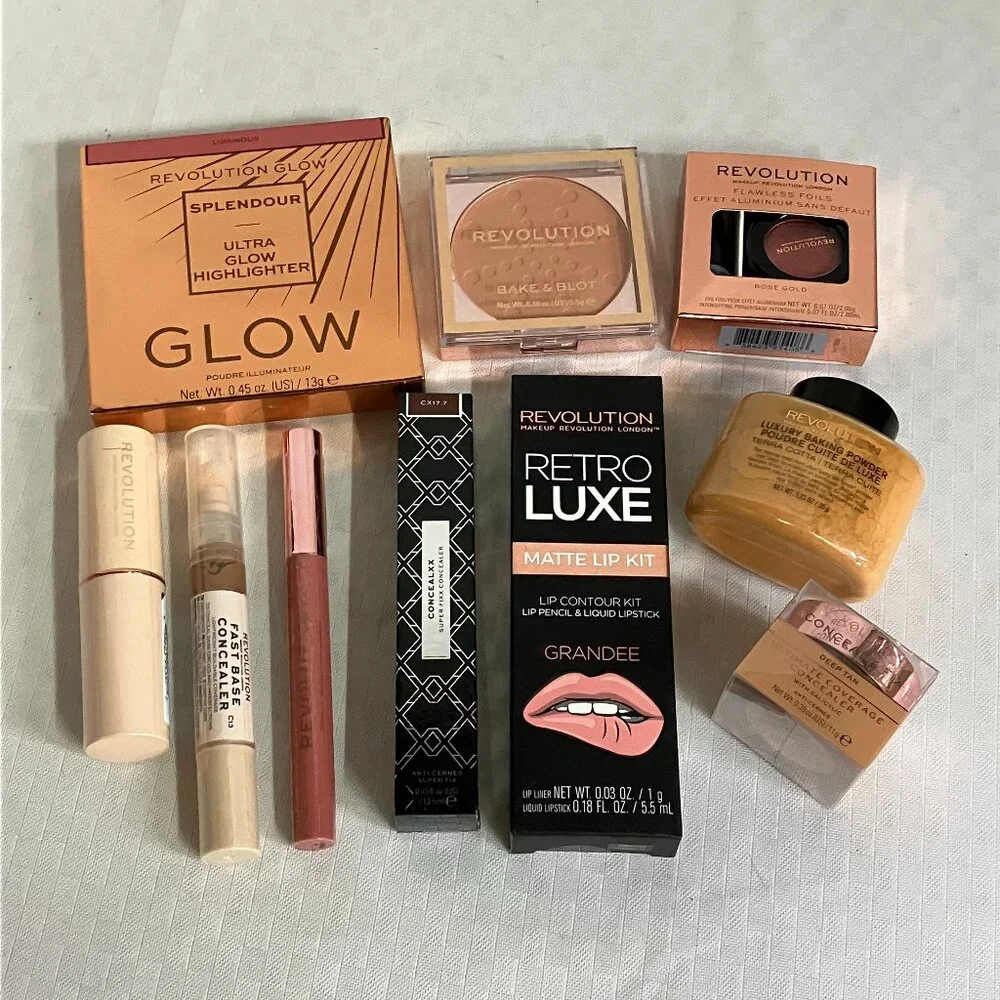 Revolution Makeup Lot OF 10 Concealers Lip Kits Highlighters Powder & More